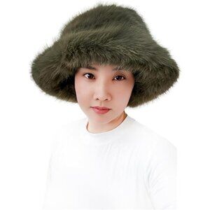 Oversized Winter Faux Fur Bucket Hat for Women Army Green